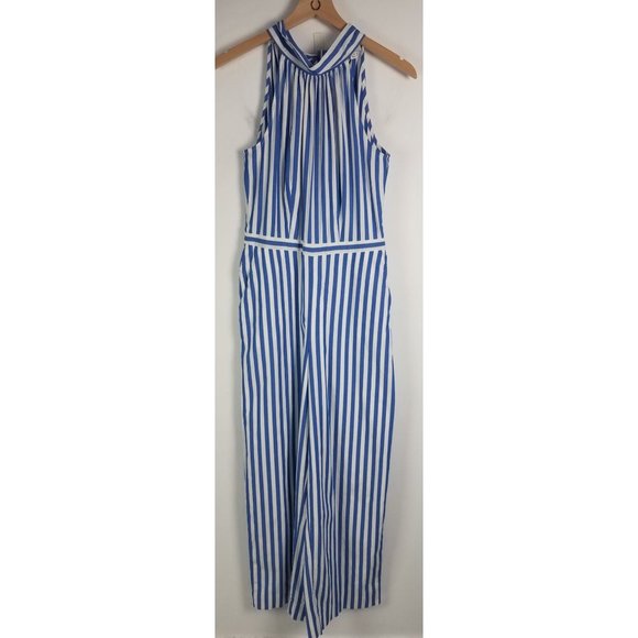J. Crew Women's Sz. 4 Blue & White Cotton Wide Leg Halter Jumpsuit - Picture 2 of 9